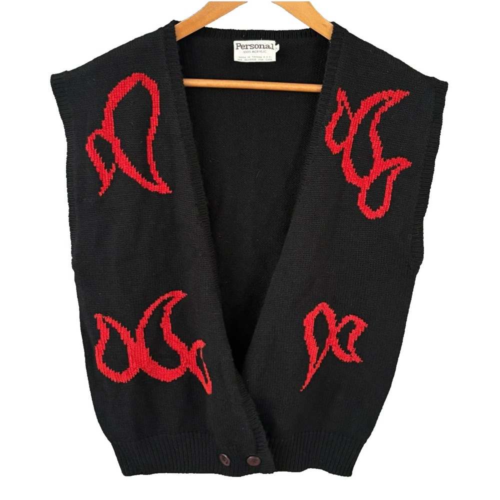 Vintage Eclectic Black Red Abstract Knit V-Neck Sweater Vest Womens L Indie Bold
